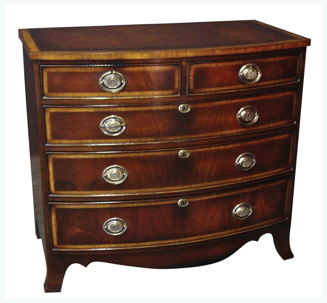 Mahogany Satin Banded 5 Drawer Bow Front Chest